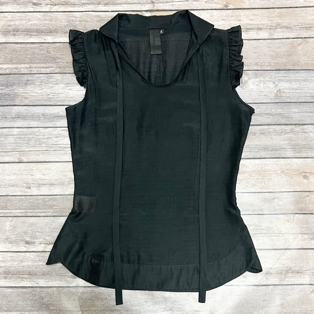 Omorika Black Sheer Polka Dot Sleeveless Ruffle Tie Collar Silk Blend Top 2